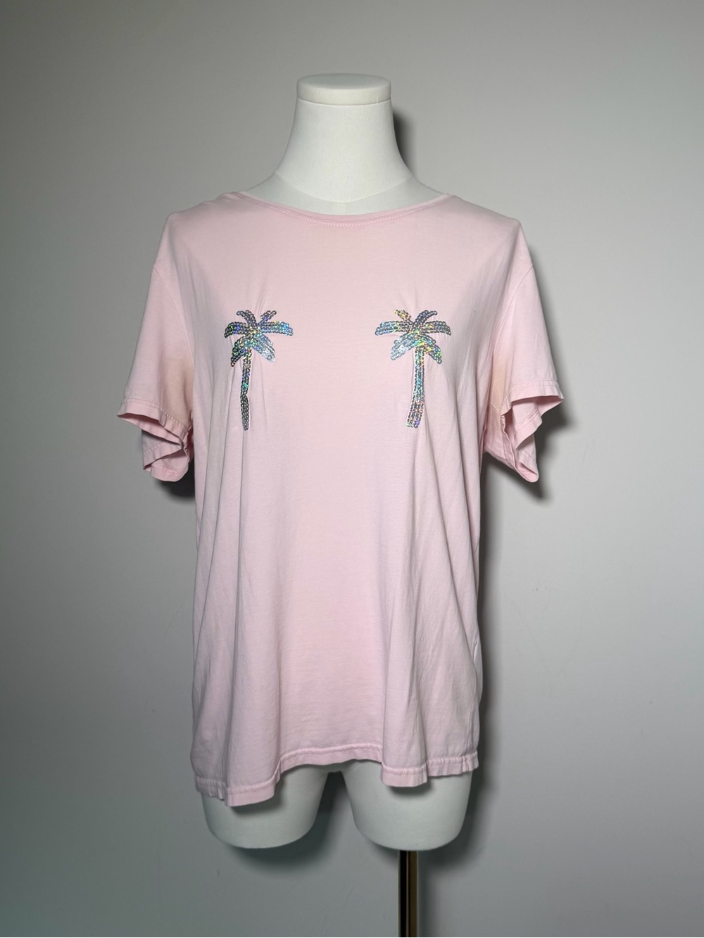 Pink Sequin Palm Tree Tee Large